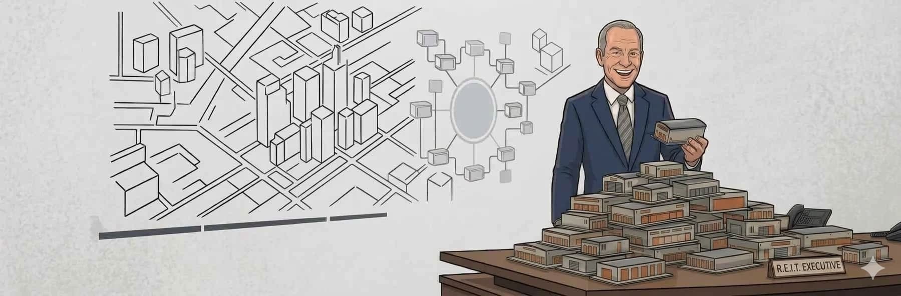 Cartoon REIT executive grinning behind a desk piled high with model storage facilities, nameplate reading R.E.I.T. Executive